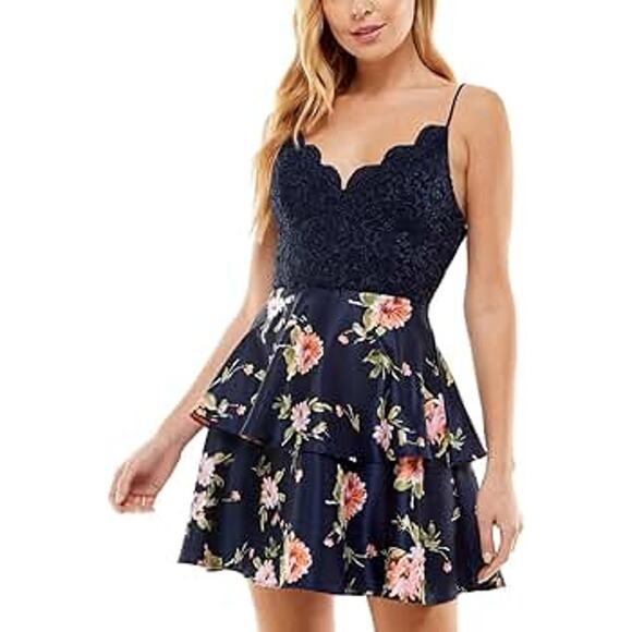 NWT City Studio Navy Blue Floral lace Mini Tiered Dress Junior's Size 5 - Picture 1 of 7